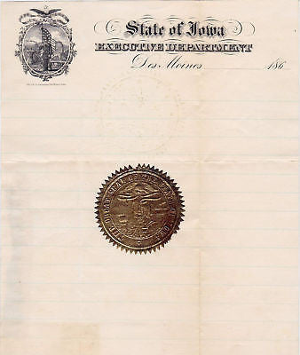 CIVIL WAR IOWA GOLD STATE SEAL UNUSED ANTIQUE GOVERNMENT LETTERHEAD 1865 - K-townConsignments