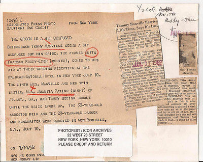 TOMMY MANVILLE PRESS PHOTO FAMOUS MANHATTAN SOCIALITE ANITA FRANCES RODDY-EDEN - K-townConsignments