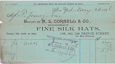 M.S. CORNELL FINE SILK HATS NEW YORK 1890s ANTIQUE ENGRAVING STATIONERY RECEIPT - K-townConsignments