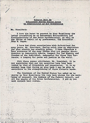 SHELBY CULLOM DAVIS US AMBASSADOR TO SWITZERLAND AUTOGRAPH SIGNED LETTER LOT - K-townConsignments
