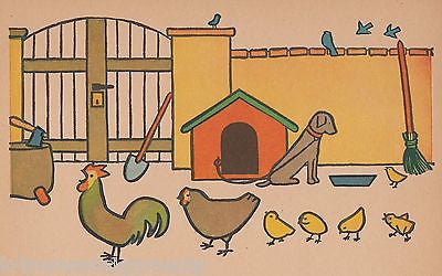 CHICKENS & PUPPY DOG FOLK ART FARM SCENE ANTIQUE GRAPHIC ART NURSERY PRINT - K-townConsignments