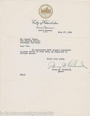 HENRY LOCKWOOD CHARLESTON SC MAYOR 1940s AUTOGRAPH SIGNED STATIONERY LETTER - K-townConsignments