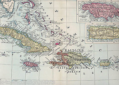 Cuba Puerto Rico Haiti Antique Graphic Atlas Map Engraving Poster Print 1890s - K-townConsignments