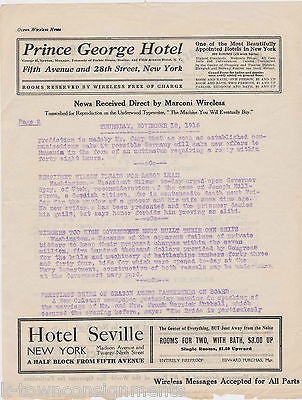 WWI EARLY RADIO WIRE DISPATCH NEWS OF SUNKEN SHIPS W/ YORK HOTEL ADS NOV 1915 - K-townConsignments