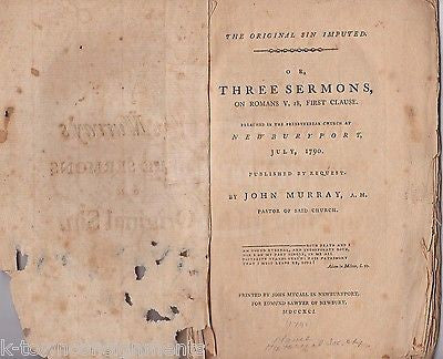 THREE SERMONS ON THE ORIGINAL SIN IMPUTED ANTIQUE CHRISTIAN THEOLOGY BOOK 1791 - K-townConsignments