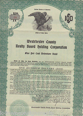 WESTCHESTER COUNTY NEW YORK $100 BOND CERTIFICATE SIGNED & DATED 1920s - K-townConsignments