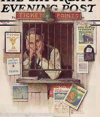 TRAVEL TICKET AGENT NORMAN ROCKWELL VINTAGE GRAPHIC POST MAGAZINE COVER PRINT - K-townConsignments