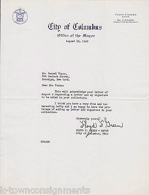 FLOYD GREEN COLUMBUS OHIO MAYOR 1940s AUTOGRAPH SIGNED STATIONERY LETTER - K-townConsignments