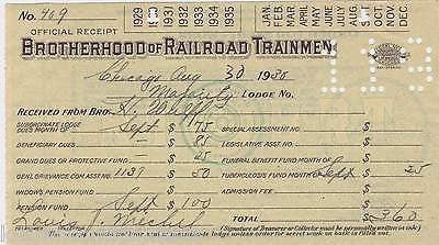 BROTHERHOOD OF RAILROAD TRAINMEN ANTIQUE WORKING CARD & PAYMENT RECEIPT 1920-30 - K-townConsignments