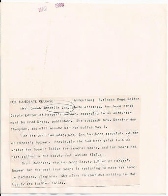 SARAH TOMERLIN LEE PRESS PHOTO HOUSE BEAUTIFUL EDITOR HARPER'S BAZAAR VINTAGE - K-townConsignments