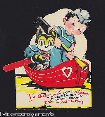 SAILOR BOY CAT BASEBALL VINTAGE MOTION ACTION VALENTINE'S DAY GREETINGS CARD - K-townConsignments