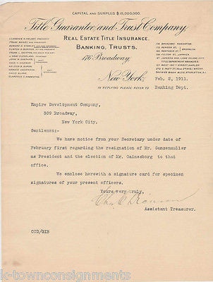NEW YORK TITLE GUARANTEE & TRUST COMPANY BANK 1911 SIGNED STATIONERY LETTER-HEAD - K-townConsignments