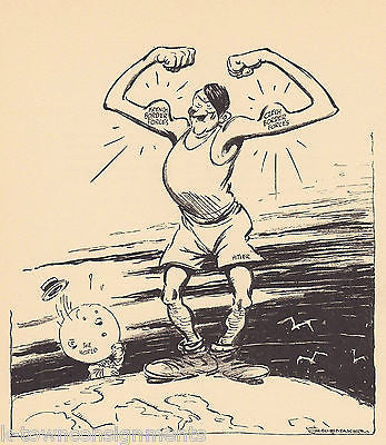 ADOLF HITLER FLEXING FOR THE WORLD VINTAGE PREWWII GRAPHIC ART POLITICAL CARTOON - K-townConsignments