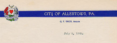 GEORGE ERICH ALLENTOWN PA MAYOR 1940s AUTOGRAPH SIGNED STATIONERY LETTER - K-townConsignments