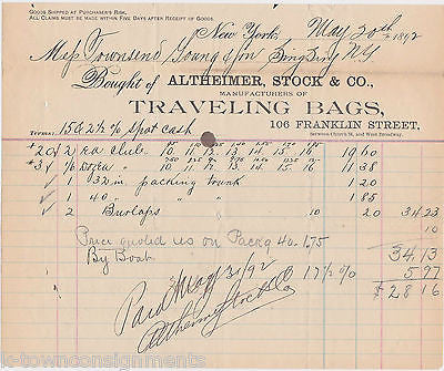 ALTHEIMER LUGGAGE TRAVELING BAGS 1890s ANTIQUE GRAPHIC AD STATIONERY RECEIPT - K-townConsignments