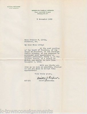 MILTON FERGUSON BROOKLYN PUBLIC LIBRARY NYC ANTIQUE AUTOGRAPH SIGNED STATIONERY - K-townConsignments
