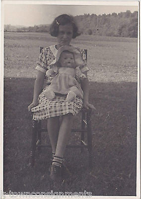 LITTLE FARM GIRL DRESS W/ ANTIQUE DOLL BABY VINTAGE SNAPSHOT PHOTO - K-townConsignments