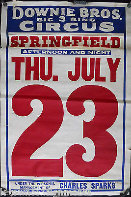 DOWNIE BROS. BIG 3 RING CIRCUS SPRINGFIELD 1930s ANTIQUE AD CARNIVAL POSTER - K-townConsignments