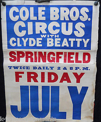 CLYDE BEATTY COLE BROS CIRCUS SPRINGFIELD 1930s ANTIQUE AD CARNIVAL POSTER - K-townConsignments