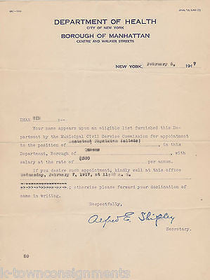 ALFRED SHIPLEY NEW YORK DEPARTMENT OF HEALTH AUTOGRAPH SIGNED STATIONERY 1918 - K-townConsignments