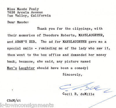 CECIL B. deMILLE MANSLAUGHTER MOVIE DIRECTOR HUMOROUS AUTOGRAPH SIGNED NOTE 1955 - K-townConsignments