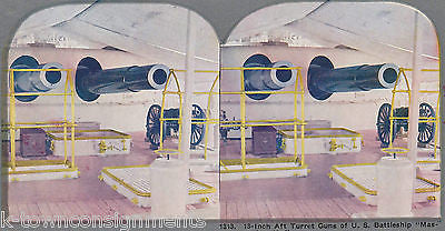 US BATTLESHIP MASSACHUSETTS AFT TURRET GUNS CANNON ANTIQUE STEREOVIEW PHOTO - K-townConsignments