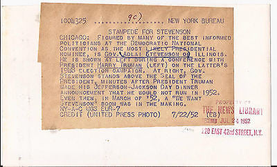 PRESIDENT HARRY TRUMAN PRESS PHOTO ADLAI STEVENSON CHICAGO DEMOCRATIC CONVENTION - K-townConsignments