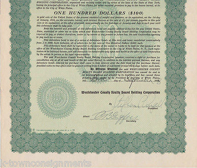 WESTCHESTER COUNTY NEW YORK $100 BOND CERTIFICATE SIGNED & DATED 1920s - K-townConsignments