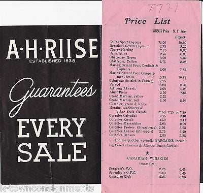 A H RIISE LIQUORS VINTAGE ALCOHOL PRICE LIST & AD BROCHURE - K-townConsignments