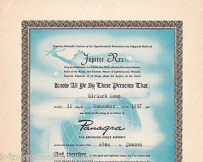 PAN-AMERICAN GRACE AIRLINES PANAGRA VINTAGE 1957 JUPITER REX GRAPHIC CERTIFICATE - K-townConsignments