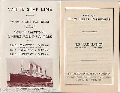 SS ADRIATIC WHITE STAR LINE CRUISE SHIP 1930s GRAPHIC ILLUSTRATED PASSENGER LIST - K-townConsignments