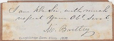 MORDACAI BARTLEY OHIO GOVERNOR CONGRESS WAR 1812 OFFICER AUTOGRAPH SIGNATURE - K-townConsignments