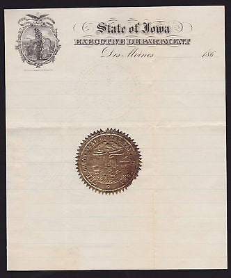 CIVIL WAR IOWA GOLD STATE SEAL UNUSED ANTIQUE GOVERNMENT LETTERHEAD 1865 - K-townConsignments