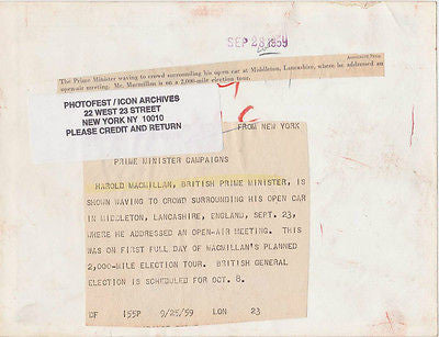 HAROLD MACMILLAN BRITISH PRIME MINISTER ELECTION VINTAGE POLITICAL PRESS PHOTO - K-townConsignments