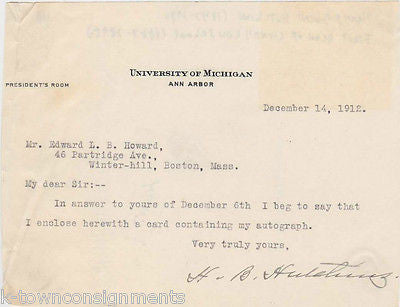 HARRY BURNS HUTCHINS UNIVERSITY OF MICHIGAN PRESIDENT AUTOGRAPH SIGNED NOTE - K-townConsignments
