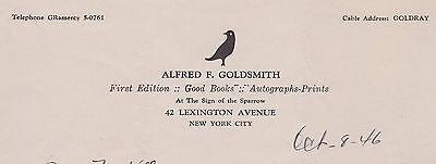 ALFRED GOLDSMITH NEW YORK CITY DEALER VINTAGE AUTOGRAPH SIGNED STATIONERY LETTER - K-townConsignments