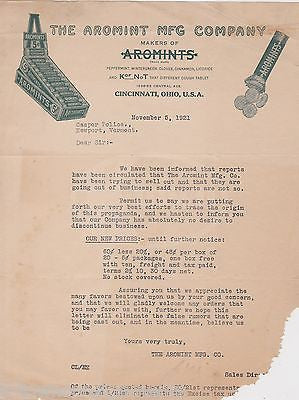 AROMINTS CINCINATTI OHIO BREATH MINT COMPANY ANTIQUE GRAPHIC STATIONERY LETTER - K-townConsignments