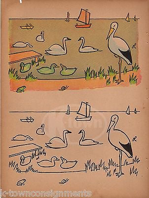 DUCKS & SWANS ON THE POND GREAT HERON ANTIQUE GRAPHIC ART NURSERY POSTER PRINT - K-townConsignments