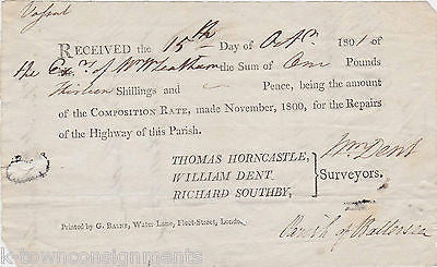 1800s LONDON ENGLAND TAX RECEIPT FOR HIGHWAY REPAIRS Wm. DENT SIGNED DOCUMENT - K-townConsignments