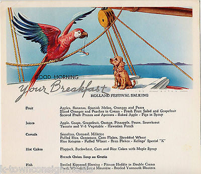 PARAKEET & PUPPY JAN LAVIES VINTAGE GRAPHIC ART CRUISE SHIP BREAKFAST MENU - K-townConsignments
