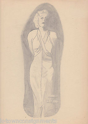 JEAN HARLOW MOVIES ORIGINAL 1930s EVENING DRESS SILHOUETTE PENCIL SKETCH DRAWING - K-townConsignments