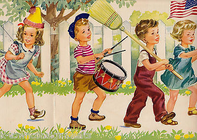 AMERICAN FLAG MARCHING PARADE LITTLE BOYS & GIRLS VINTAGE 1948 GRAPHIC ART PRINT - K-townConsignments
