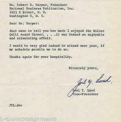 JOEL YUND WARNER LAMBERT PHARMACEUTICAL CO AUTOGRAPH SIGNED STATIONERY LETTER - K-townConsignments