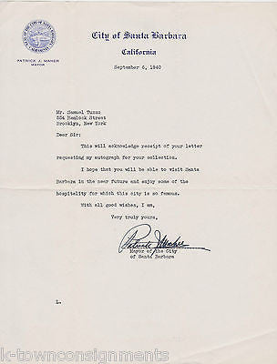 PATRICK MAHER SANTA BARBARA CA MAYOR 1940s AUTOGRAPH SIGNED STATIONERY LETTER - K-townConsignments
