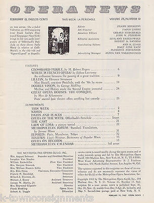 LA PERCICHOLE VINTAGE 1960s OPERA NEWS THEATRE PROGRAM MAGAZINE - K-townConsignments