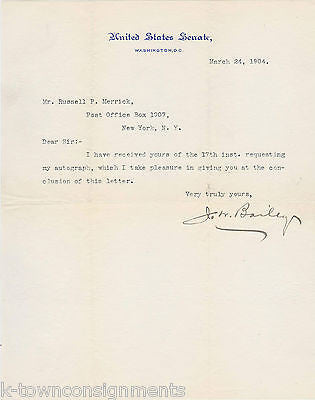 J.W. BAILEY US SENATOR 1900s AUTOGRAPH SIGNED SENATE STATIONERY LETTER - K-townConsignments