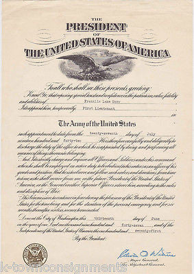 WWII 1st LIEUTENANT FRANKLIN DORR TEMPORARY APPOINTMENT WAR OFFICE DOCUMENT 1942 - K-townConsignments