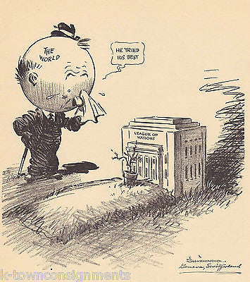 MOURN DEATH OF LEAGUE OF NATIONS VINTAGE SHOEMAKER POLITICAL CARTOON ART PRINT - K-townConsignments