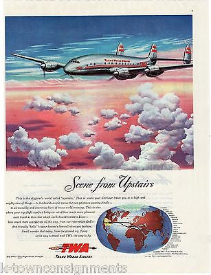TRANS WORLD AIRLINE FLYING ABOVE THE CLOUDS VINTAGE GRAPHIC ADVERTISING PRINT - K-townConsignments
