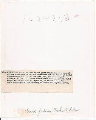 MRS JULIUS OCHS ALDER PRESS PHOTO THRIFT HOUSES CHAIRMAN JEWISH PHILANTHROPIST - K-townConsignments